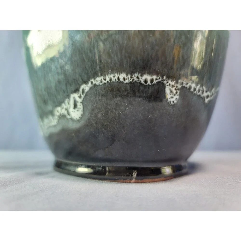 Drip Lava Vase Glazed German Tulip UNIQUE Green Black & Gold Vintage 8.5''